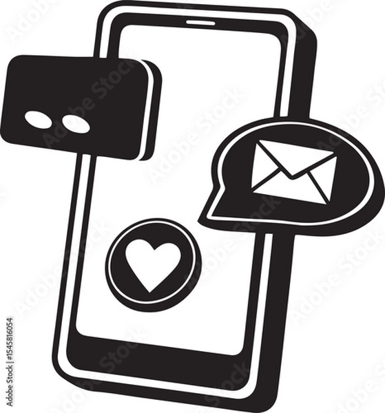 Obraz A vector icon illustration of smartphone with social media notifications, smartphone with social media notifications silhouette and line art vector