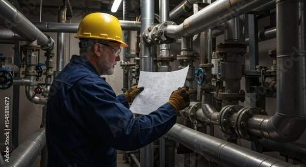 Fototapeta Industrial Engineer Reviewing Blueprint in Refinery