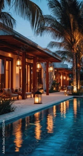 Fototapeta Twilight illuminates a luxurious beachfront villa's poolside patio, featuring warm lighting, wooden architecture, and lush tropical foliage