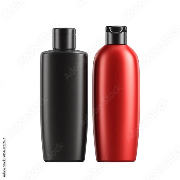 Fototapeta Stylish shampoo bottles in black and red, suitable for beauty and personal care branding and advertisements.