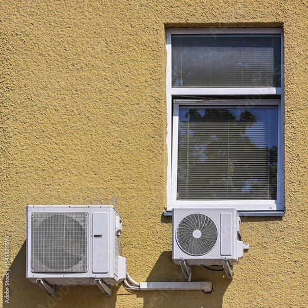 Obraz Air conditioners installed on a yellow wall in a residential building