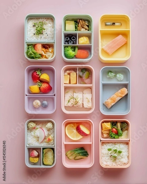 Obraz Top View Japanese Lunch Set, Top View Food Photography of Japanese Bento, Minimalist Japanese Bento Boxes, Japanese Bento with Pastel Color Palette.