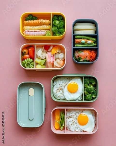Obraz Top View Japanese Lunch Set, Top View Food Photography of Japanese Bento, Minimalist Japanese Bento Boxes, Japanese Bento with Pastel Color Palette.