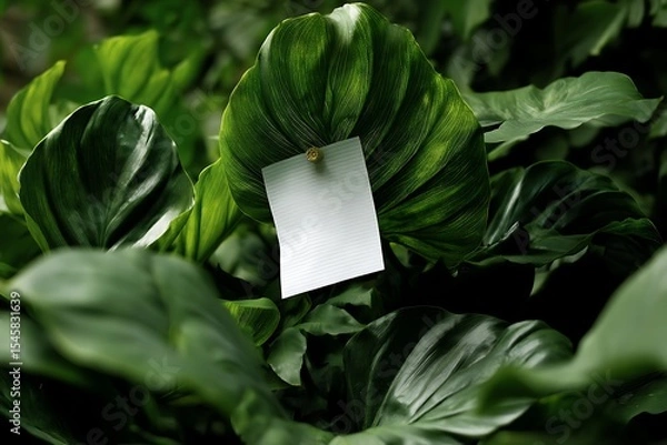 Fototapeta Stock photo of green plants with blank card for message template nature background and copy space area
