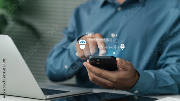 Fototapeta Chatbot Conversation and Digital Communication Artificial Intelligence and Technology Concepts CRM Automation Software Businessman Communicate and Search Information with Mobile Chatbot