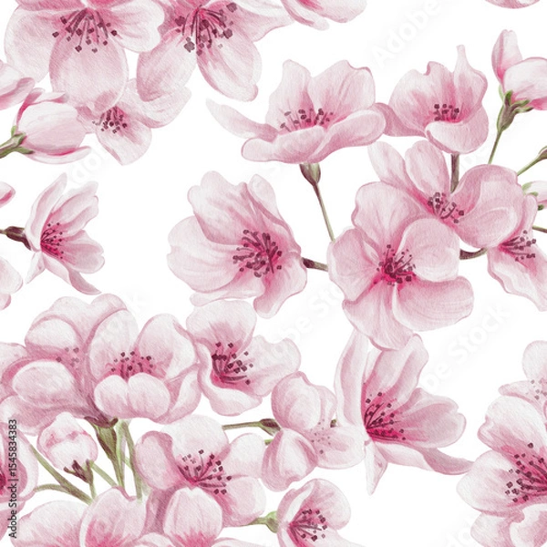 Obraz Seamless pattern with pink sakura flowers. Cherry blossom. Small pink buds and petals. Watercolor illustration without background. Hand drawn.