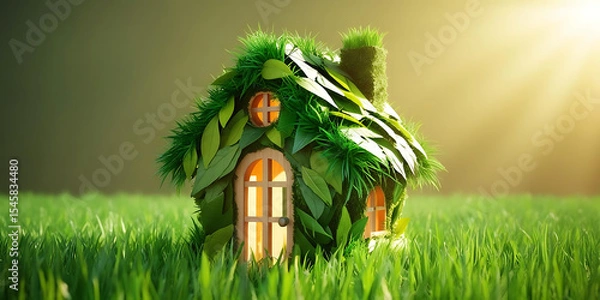 Fototapeta A whimsical green house made of leaves and grass
