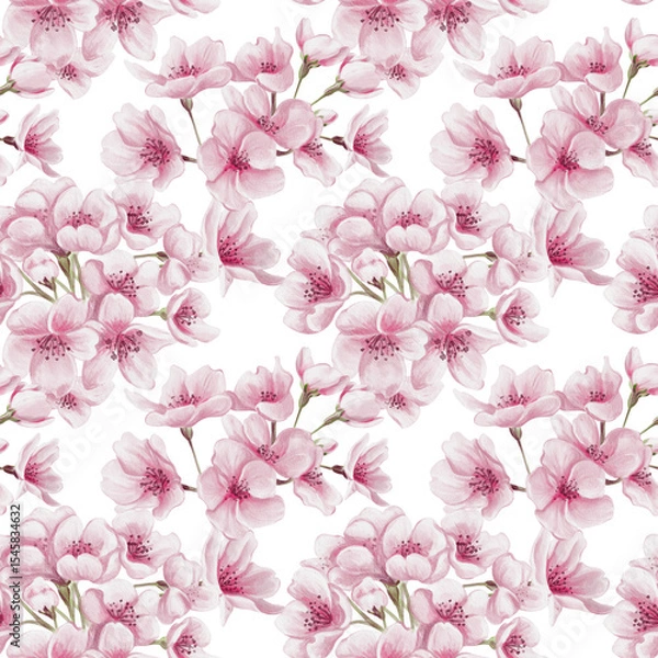 Obraz Seamless pattern with pink sakura flowers. Cherry blossom. Small pink buds and petals. Watercolor illustration without background. Hand drawn.
