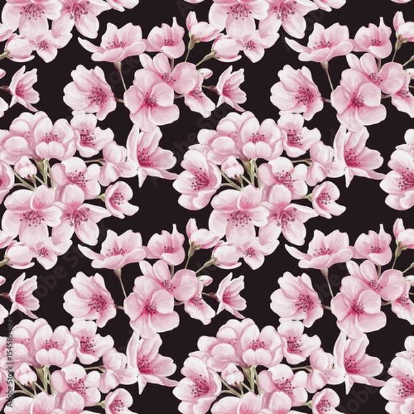 Obraz Seamless pattern with pink sakura flowers. Cherry blossom. Small pink buds and petals. Watercolor illustration without background. Hand drawn.