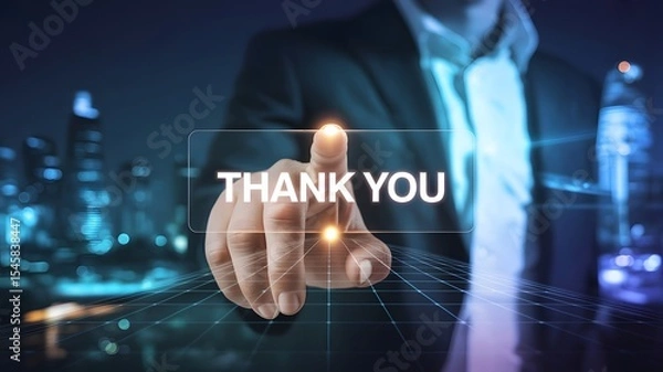 Fototapeta Thank You message, A person interacts with glowing "Thank You" on virtual interface, symbolizing gratitude, appreciation, or acknowledgment in business or personal context. business interactions,
