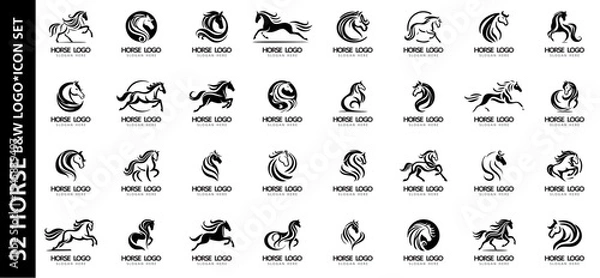 Obraz Set of elegant luxury horse logos in black and white. Ideal for premium branding, mustang emblems, car logos, equestrian clubs and horse-related businesses.