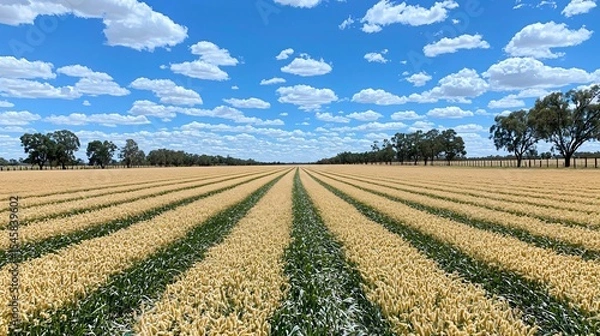 Fototapeta a golden canola field stretching far beyond view, low-angle sunlight casting vibrant hues, scattered white clouds above, fences and trees at the far edge