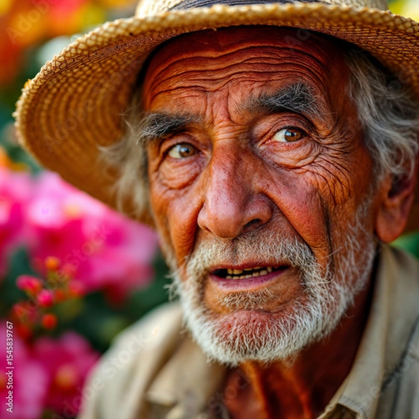 Obraz Portrait of a weathered elderly man wearing a straw hat