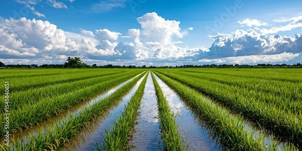 Obraz a tranquil rice field divided by narrow earthen paths under an expansive sky, glistening water reflecting early morning light, distant treeline on the horizon, sharp field lines, layered crop