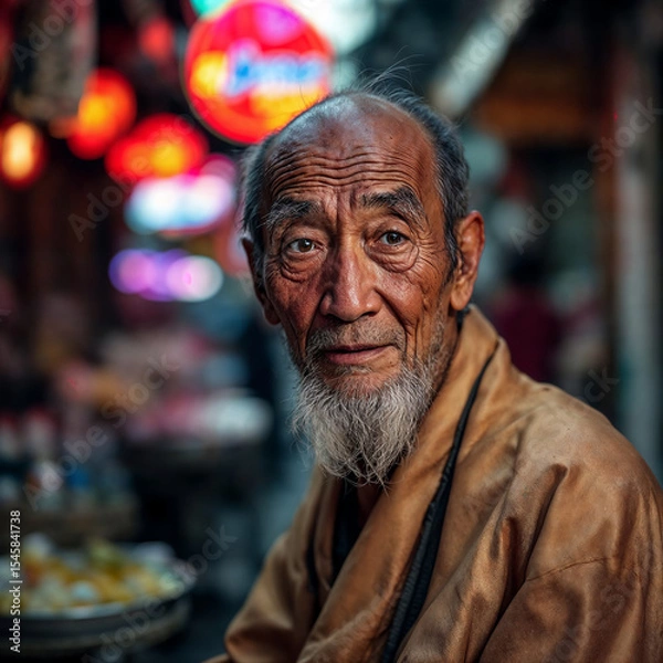 Obraz Portrait of an elderly asian man in a busy street
