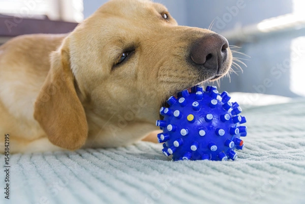 Fototapeta Young purebred labrador retriever dog playing with the ball