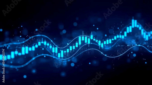 Fototapeta Stock market and trading concept, digital graph, abstract digital representation of financial market data, featuring glowing blue candlestick-like bars and an undulating line graph