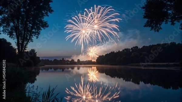 Fototapeta Bright 4th of July fireworks light up the night sky and reflect beautifully on a peaceful lake. A tranquil, patriotic summer scene capturing celebration, reflection, and natural beauty during Independ