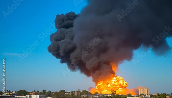 Obraz A dramatic scene of a powerful explosion, with thick black and orange smoke rising into a blue sky. In the foreground, a cityscape with buildings and trees is silhouetted against the fiery backdrop of