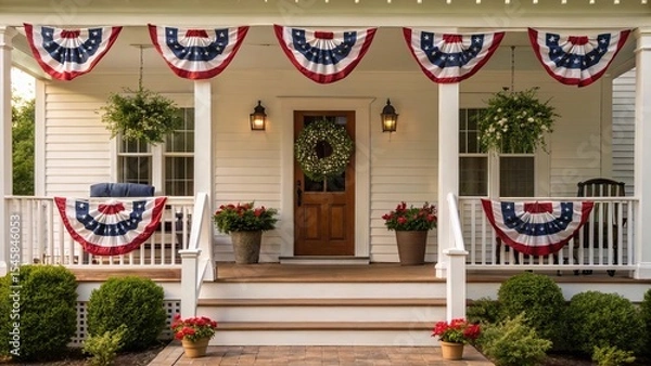 Fototapeta Front porch decorated with patriotic bunting, mini American flags, and red, white, and blue wreath for 4th of July. A charming summer setting showing national pride and festive Independence Day spirit