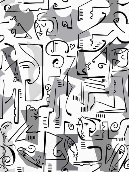 Obraz Abstract drawing of women's faces with black lines on a colored background.Seamless pattern.