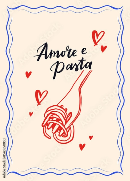 Fototapeta hand drawn vintage poster in mediterranean style. Doodle drawings of fork with pasta and Amore e pasta lettering. Retro kitchen print design. Contemporary art vector illustrations