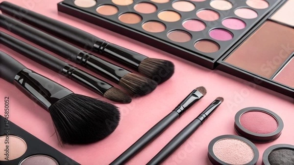 Fototapeta Curated Makeup Collection with Brushes and Palettes Arranged on Pink Surface