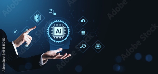 Fototapeta Businessman interacting with AI digital interface showing automation icons and chip, representing future technology in corporate processes concept.