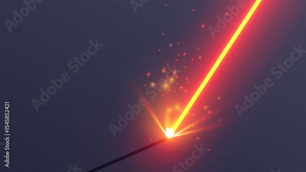 Fototapeta A red laser beam cuts metal in close-up. The orange plasma beam of the welding machine strikes sparks from metal. Vector template of a laser beam with sparks from cnc machine on industry factory.