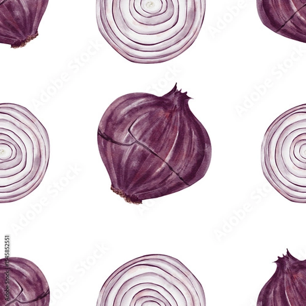 Obraz Seamless pattern with red onion. Sliced ​​and whole vegetables. Autumn harvest. Kitchen decor. Watercolor illustration without background. Hand drawing.