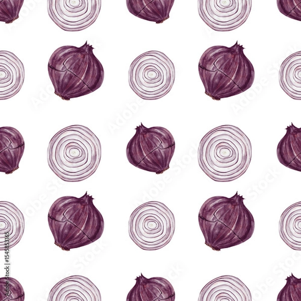 Obraz Seamless pattern with red onion. Sliced ​​and whole vegetables. Autumn harvest. Kitchen decor. Watercolor illustration without background. Hand drawing.
