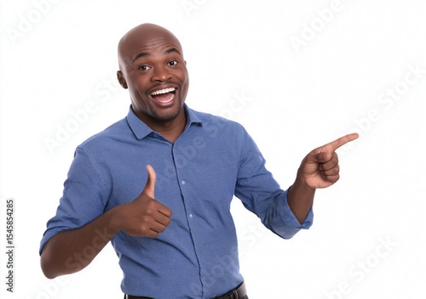 Fototapeta Excited Man in Blue Shirt Pointing to the Side – Happy Office Worker Promoting an Advertisement, Isolated on White Background with Copy Space, High-Resolution Studio Photography