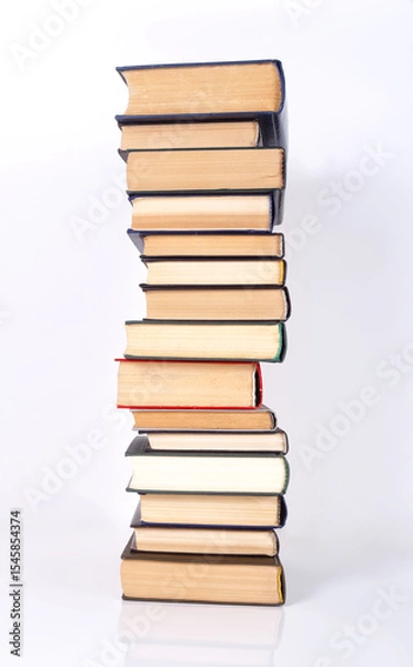 Fototapeta Science and education - vertical group of books on white. Reflection