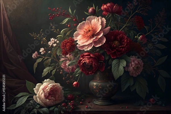 Obraz Dark moody still life featuring a lush bouquet of pink and red peonies, roses, and berries arranged in an ornate dark vase on a wooden table against a dark background.
