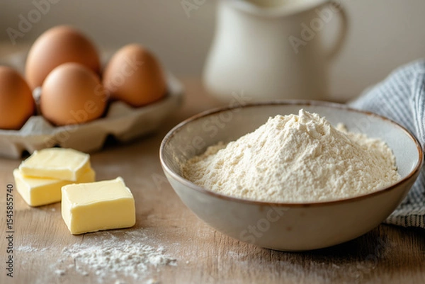 Fototapeta A baking ingredients: flour in a bowl, butter, and eggs on a woodern surface for bakery 