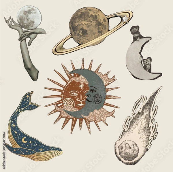 Obraz vintage beach,star ,moon,flower,butterfly,birds,bee,cat Grunge punk dots texture. Vector illustration for vintage music poster or banner.