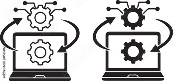 Obraz laptop, computer, digital, technology, gears, machinery, mechanical, illustration, black and white, line art, minimalist, vector