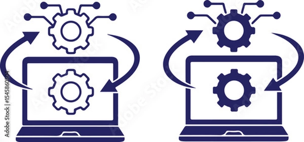 Obraz laptop with gears, gear icon, productivity, technology, minimalist, vector illustration