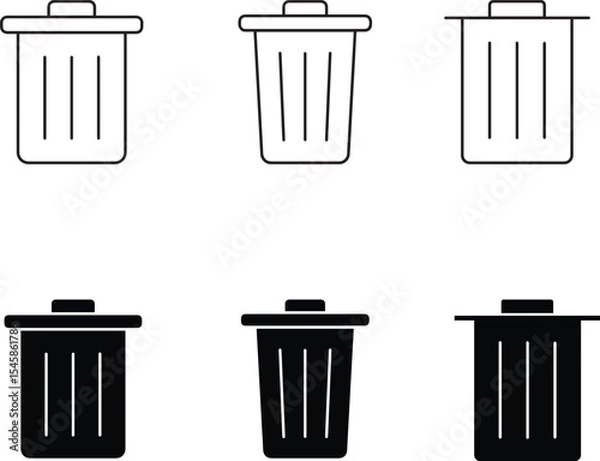 Obraz trash can, trashcan, rubbish bin, refuse container, waste disposal, black and white icons, simple minimalist design, line art, vector graphics