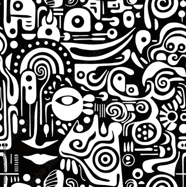 Obraz A black and white hand-drawn drawing in the Mexican style.Seamless pattern.	
