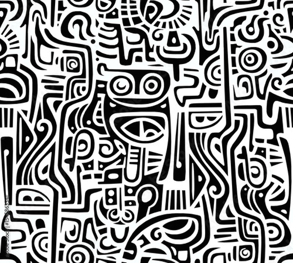 Obraz A black and white hand-drawn drawing in the Mexican style.Seamless pattern.	
