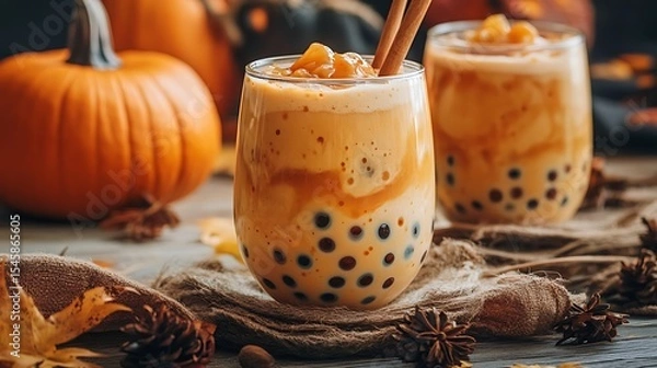 Fototapeta Warm-toned pumpkin bubble tea in glass cup on rustic table