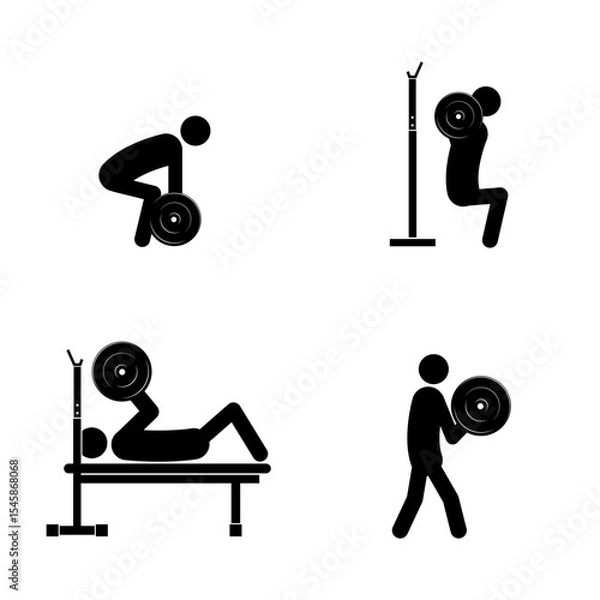 Fototapeta Stick figures, barbell exercises on a bench and standing on a white background, flat vector illustration.