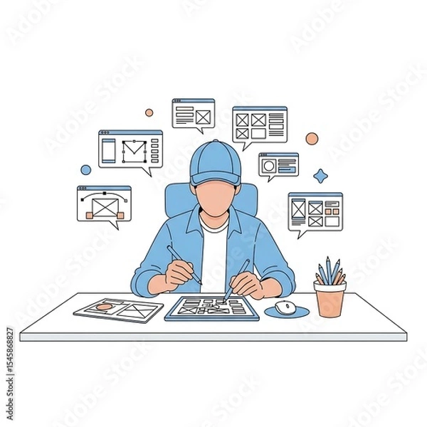 Fototapeta Web designer at work creating website layouts using a digital tablet illustration