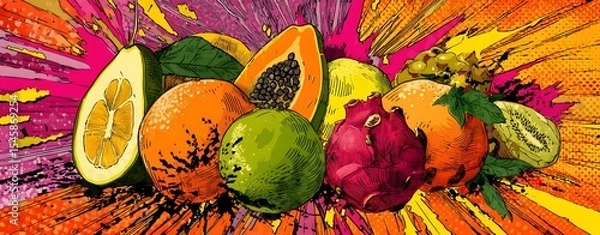 Obraz Tropical Fruit Composition in Pop Art, Pop Art Explosion with Comic-Style Fruits, Tropical Fruit with Comic Starbursts