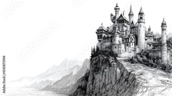Fototapeta Epic fantasy castle on a remote cliff edge. Detailed black and white pencil drawing of a majestic fortress in a mountain landscape. Panoramic sketch.