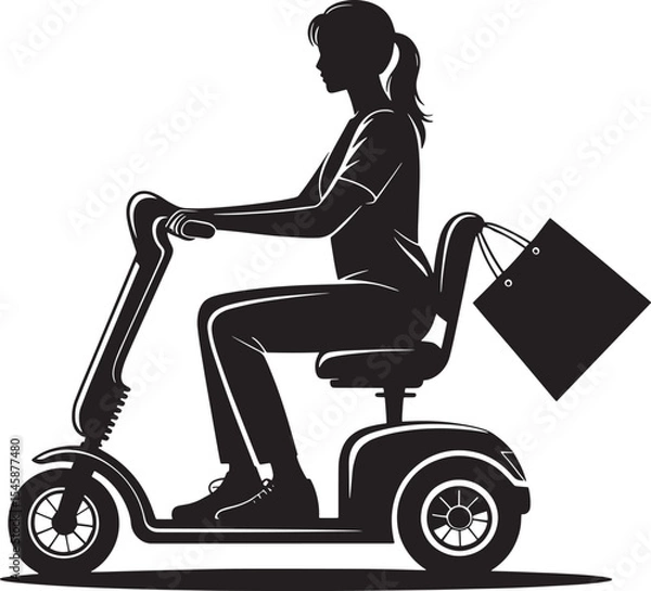 Fototapeta Black silhouette vector of a person riding a mobility scooter holding a shopping bag and walking cane on a white background