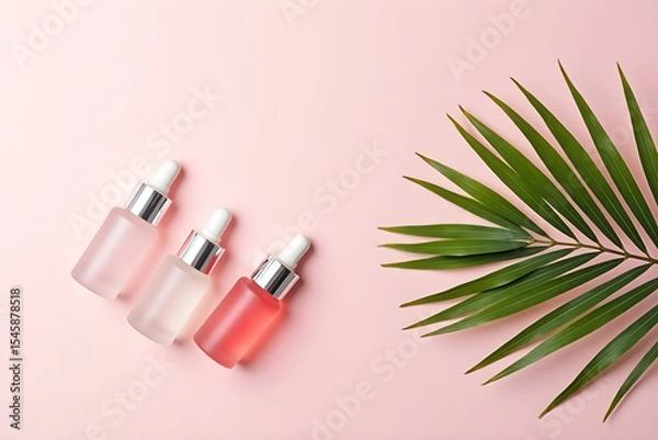 Fototapeta Three small glass bottles arranged diagonally on a soft pink background, with white rubber bulbs and silver necks, enhancing its simplicity and elegance.