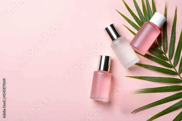 Fototapeta Three small glass bottles arranged diagonally on a soft pink background, with white rubber bulbs and silver necks, enhancing its simplicity and elegance.