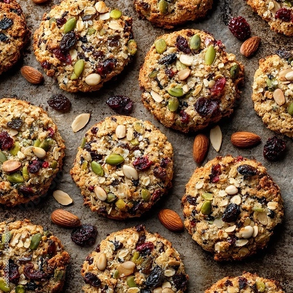 Obraz Delicious homemade oatmeal cookies with nuts and dried fruits perfect for healthy snacking and breakfast